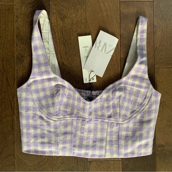 NWT- ZARA LILAC GINGHAM BUSTIER TOP- SIZE S - Picture 6 of 7